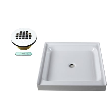 Westbrass Shower Pan 36 x 36 3-Wall W/ Center Solid Brass Drain W/ Modern Cross Grid in Powder Coat White HPG3636WHB-50